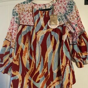 Umgee Multicolor Abstract Peasant Tunic - Red, Light Blue, Mustard